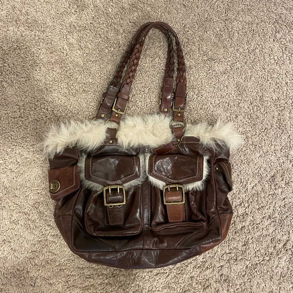 COACH vintage leather fur trim bag